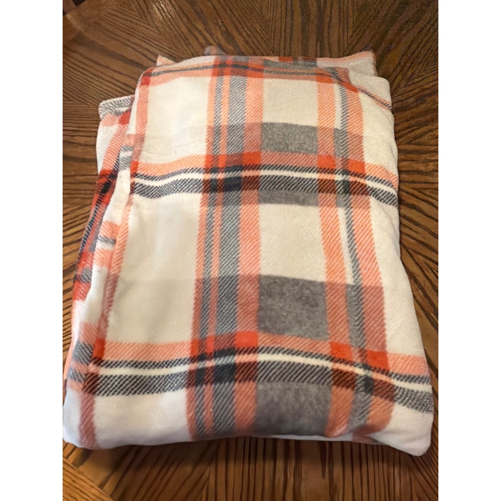 ClimateRight by Cuddl Duds Orange Grey White Plaid Plush Fleece Throw Blanket